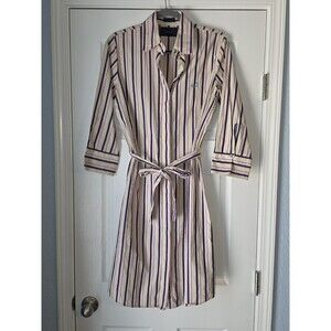 Faconnable Cream Blue Red Striped Belted Shirt Dress Size 8 Nautical Preppy
